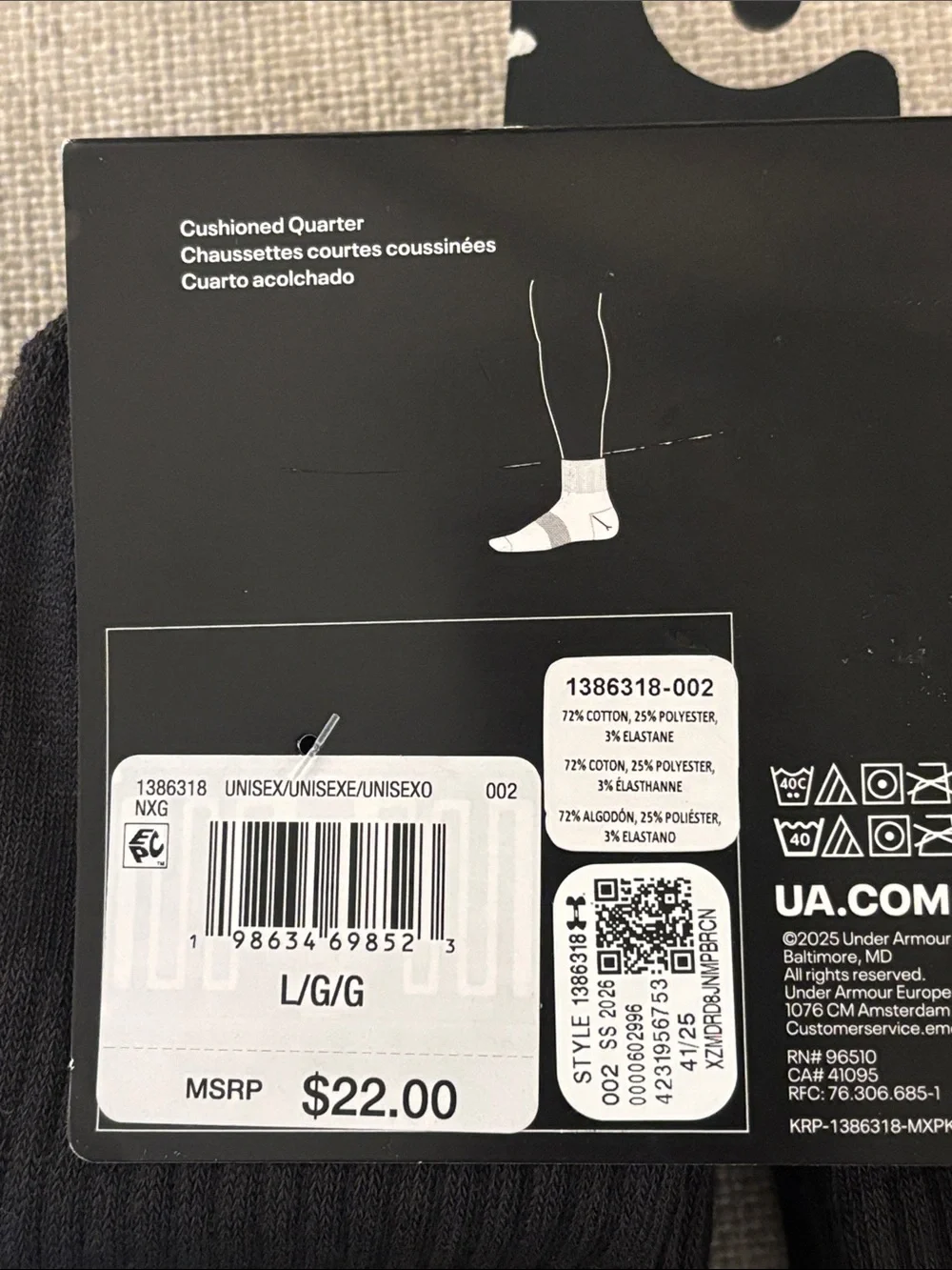 Under Armour Training Cotton Quarter Socks NWT Black 6-pack Unisex
